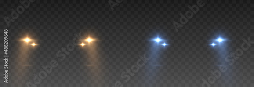 Vector light from headlights PNG. Light from car headlights on an isolated transparent background. Round headlights, gold and blue light PNG. Road lighting. PNG.
