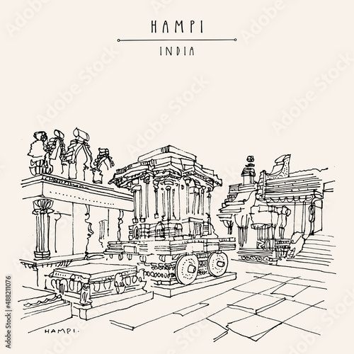 Vector Hampi postcard. Karnataka, India. Vijayanagara Empire 14th century capital. Ancent Vittala (Vitthala) temple. Heritage travel sketch. Vintage hand drawn travel postcard, poster illustration photo