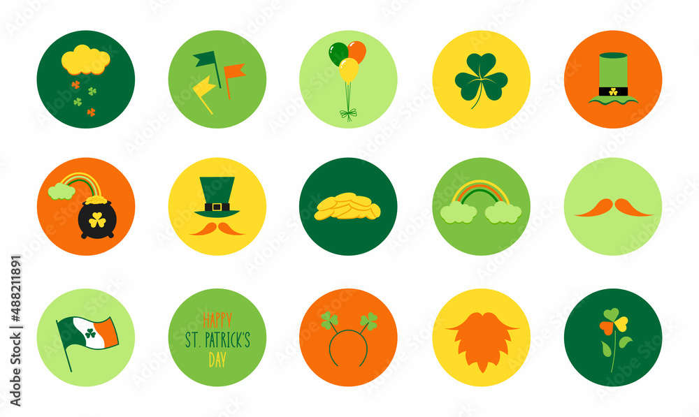 Set Of St. Patrick's Day Flat Icons in Circles. St. patrick's day trendy stickers in cartoon style. Ideal for banner, poster, advertising, social media. Leprechaun, gold, luck, beard, boots