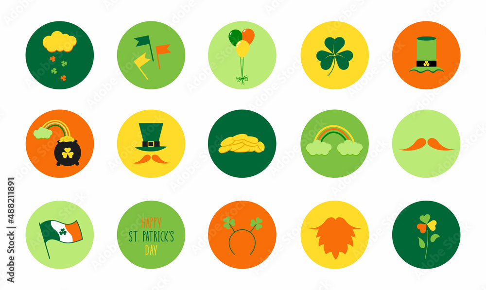Set Of St. Patrick's Day Flat Icons in Circles. St. patrick's day trendy stickers in cartoon style. Ideal for banner, poster, advertising, social media. Leprechaun, gold, luck, beard, boots Set Of St. Patrick's Day Flat Icons in Circles. St. patrick's day trendy stickers in cartoon style. Ideal for banner, poster, advertising, social media. Leprechaun, gold, luck, beard, boots