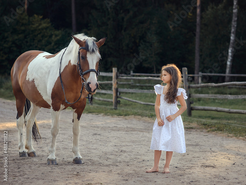 little caucasian girl with a horse at the horse farm in the forest in summer