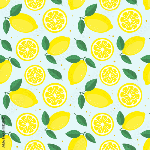 Vector fruity lemon seamless pattern. Tropical fruit summer background.