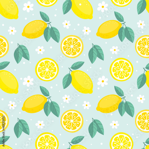 Vector fruity lemon seamless pattern. Tropical fruit summer background.