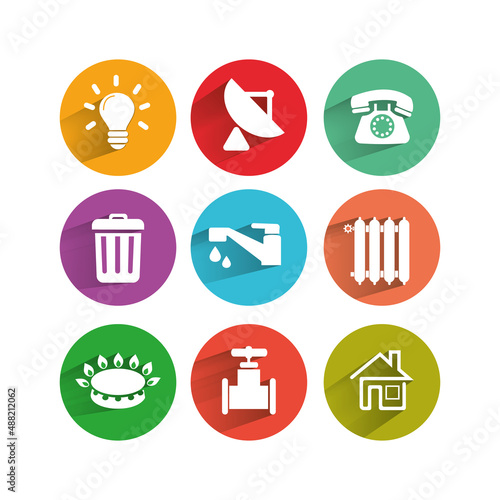 Utilities icons in flat style water, gas, light, heating, telephone.