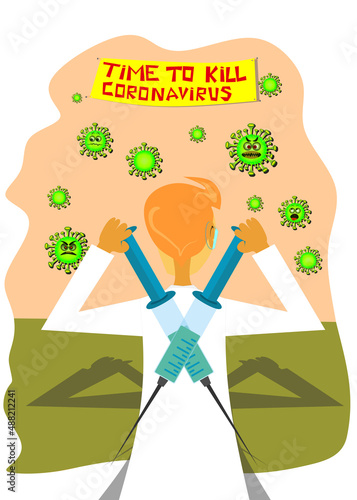 Vaccination concept design. Time to kill coronavirus banner. COVID-19 and flu vaccinations to protect you and your family