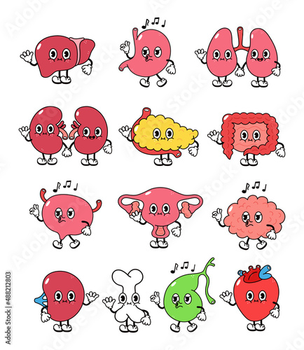 Happy human internal organs. Cartoon human organ heart, liver, stomach, lungs, kidneys, pancreas, intestines, bladder, uterus, brain, spleen, bone, gallbladder. Internal organs retro illustration set