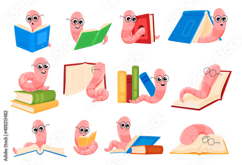 Collection cute cartoon bookworms vector flat illustration funny worms in glasses reading books