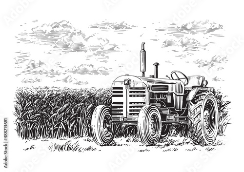 tractor on the field hand drawing sketch engraving illustration style