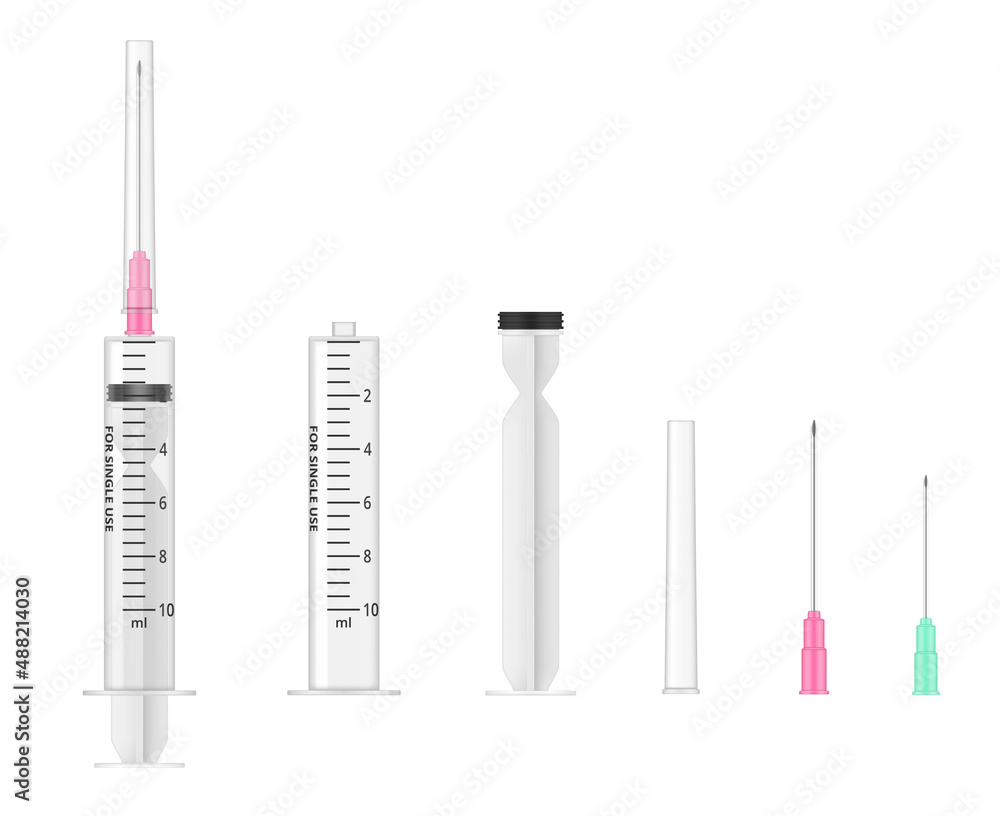 Collection realistic medical syringe and component parts for assembly