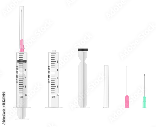 Collection realistic medical syringe and component parts for assembly vector illustration