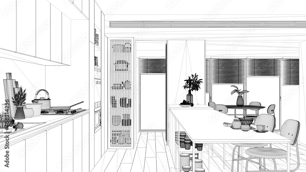 Blueprint project draft, kitchen in modern apartment, Island with stools, parquet. Oven, stove, sink and accessories, hob with pots, breakfast. Contemporary interior design concept Blueprint project draft, kitchen in modern apartment, Island with stools, parquet. Oven, stove, sink and accessories, hob with pots, breakfast. Contemporary interior design concept