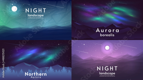 Vector illustration. Aurora landscapes. Cartoon concept. Flat style. Abstract gradient landscape. Covers, posters, brochures, design. Adventure, tourism concept.