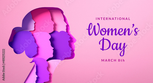 Women's Day poster with silhouettes of multicultural women's faces in paper cut and copy space, 3D illustration. Females for feminism, independence, sisterhood, empowerment, activism for women rights photo