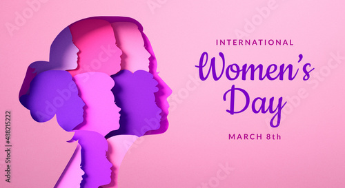 Women's Day poster with silhouettes of multicultural women's faces in paper cut and copy space, 3D illustration. Females for feminism, independence, sisterhood, empowerment, activism for women rights