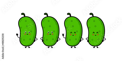 Vector illustration of cucumber character with cute expression, jump, happy, funny, cucumber isolated on white background, simple minimal style, vegetable for mascot collection, emoticon
