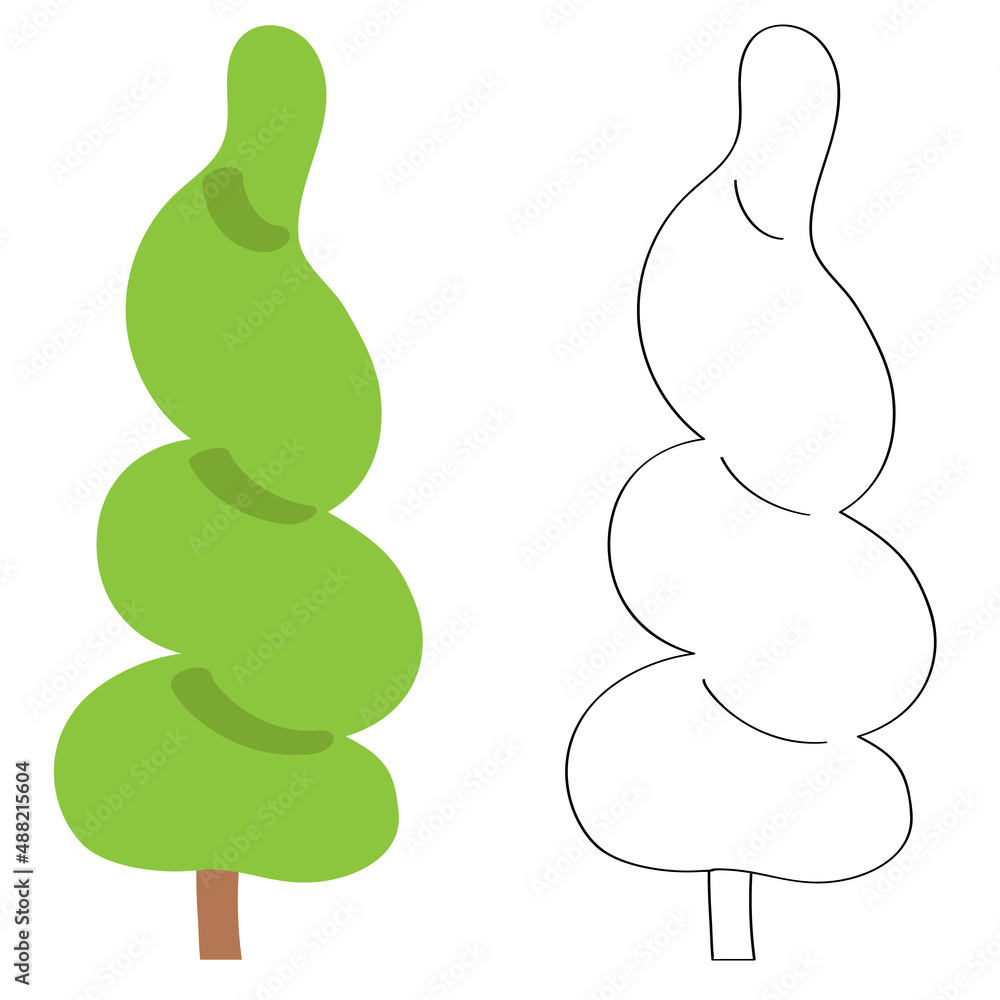 Tree with green leaves, flat cartoon vector illustration, thuja spiral topiary haircut. Template for creating landscape summer design solutions, contour doodle drawing for children's coloring. Tree with green leaves, flat cartoon vector illustration, thuja spiral topiary haircut. Template for creating landscape summer design solutions, contour doodle drawing for children's coloring.