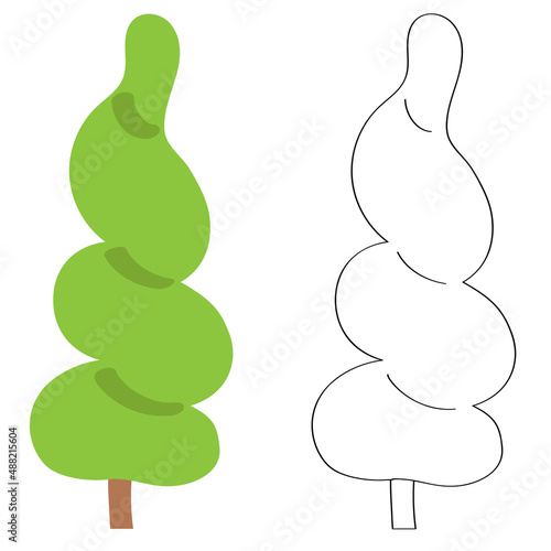 Tree with green leaves, flat cartoon vector illustration, thuja spiral topiary haircut. Template for creating landscape summer design solutions, contour doodle drawing for children's coloring.