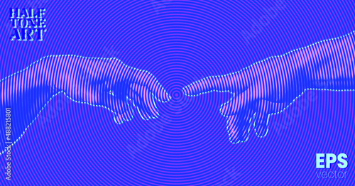 Halftone Art. Vector illustration of hands reaching out for touch in vaporwave pink and blue circle line halftone vintage style design.
