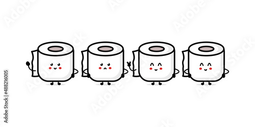 Cute funny happy poop and toilet paper friends. Vector hand drawn cartoon character illustration icon. Funny cartoon poop and toilet mascot character concept