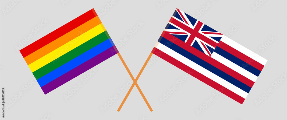 Crossed flags of LGBTQ and The State Of Hawaii. Official colors. Correct proportion Crossed flags of LGBTQ and The State Of Hawaii. Official colors. Correct proportion