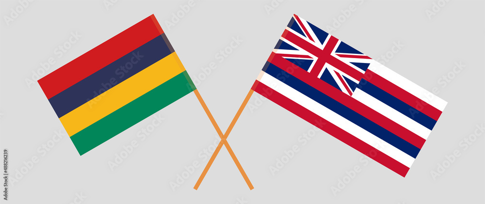 Crossed flags of Mauritius and The State Of Hawaii. Official colors. Correct proportion