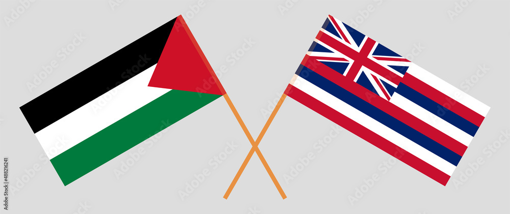 Crossed flags of Palestine and The State Of Hawaii. Official colors. Correct proportion Crossed flags of Palestine and The State Of Hawaii. Official colors. Correct proportion