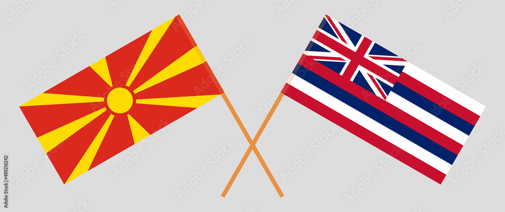 Crossed flags of North Macedonia and The State Of Hawaii. Official colors. Correct proportion Crossed flags of North Macedonia and The State Of Hawaii. Official colors. Correct proportion