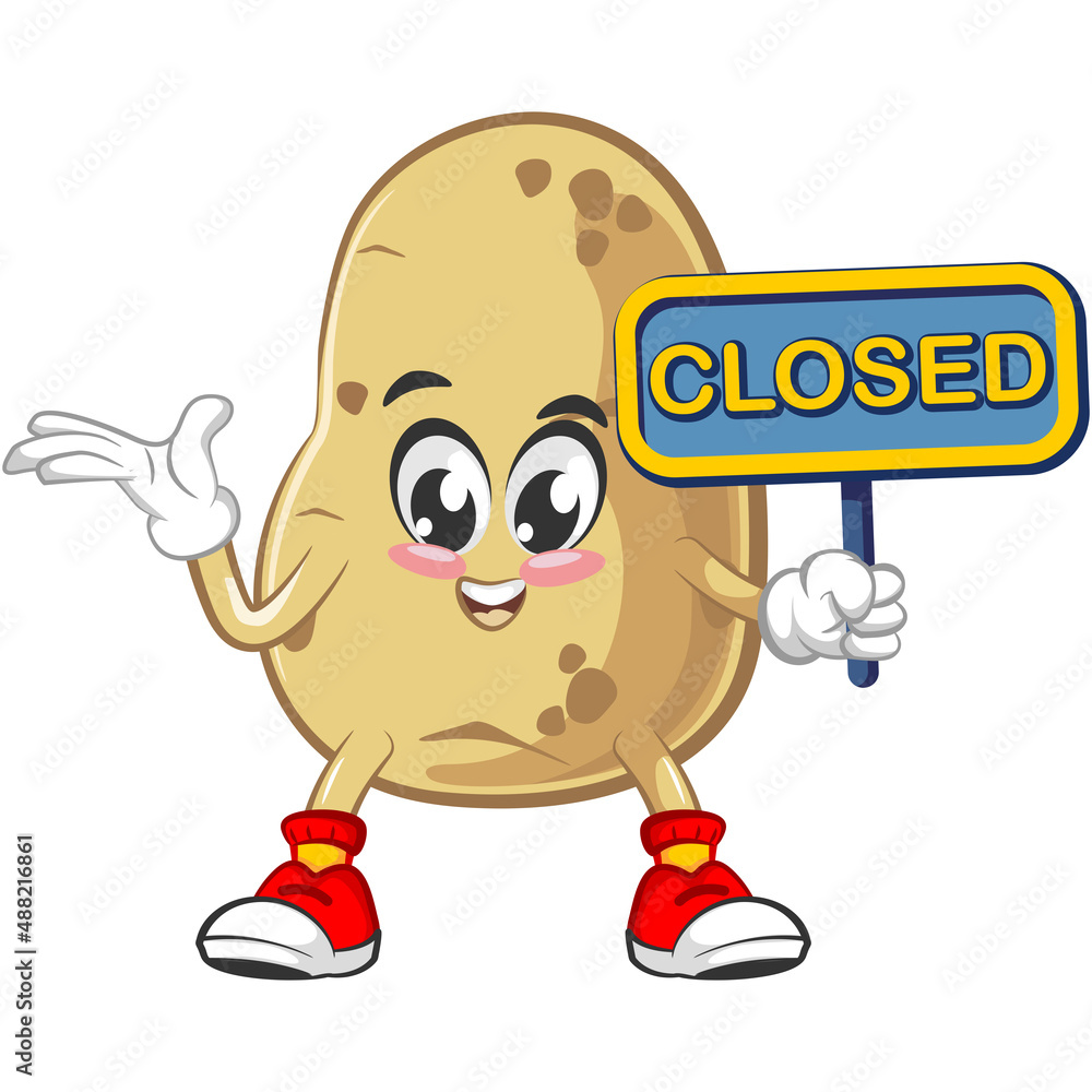 Naklejka premium vector illustration of cute potato mascot showing a board that says closed