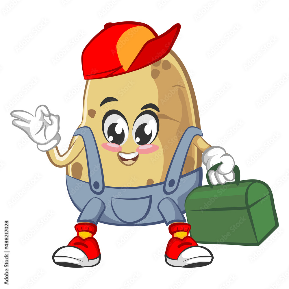 vector illustration of cute potato mascot of handyman carrying toolbox vector illustration of cute potato mascot of handyman carrying toolbox