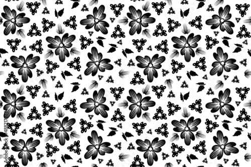 Seamless black floral pattern on white background abstract silhouettes of flowers and leaves, vector illustration for design of wrapping paper, fabric, wallpaper.