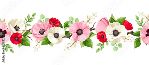 Obraz na plátně Horizontal seamless border with red, pink, and white poppy and lily of the valley flowers and green leaves