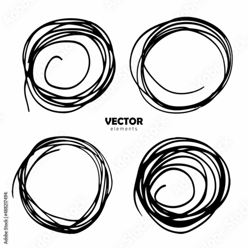 Grunge Vector Set of brush Circle Round Black color on white background. Hand painted grange elements. Ink drawing. Dirty artistic design