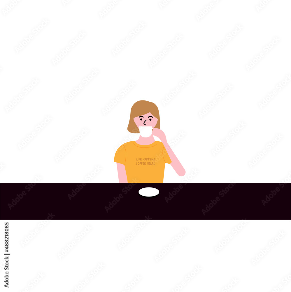 a woman sitting alone in a coffeeshop, drinking coffee and wearing a sweet T shirt with coffee saying a woman sitting alone in a coffeeshop, drinking coffee and wearing a sweet T shirt with coffee saying