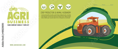 Banner of the agricultural concept. A tractor is plowing in a field among farmlands. Vector rural background for the design of leaflets or booklets.