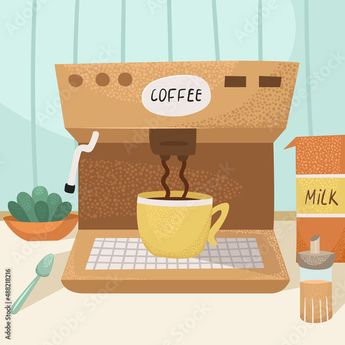 Vector illustration of a coffee machine brewing coffee in a cup. Kitchen interior.
