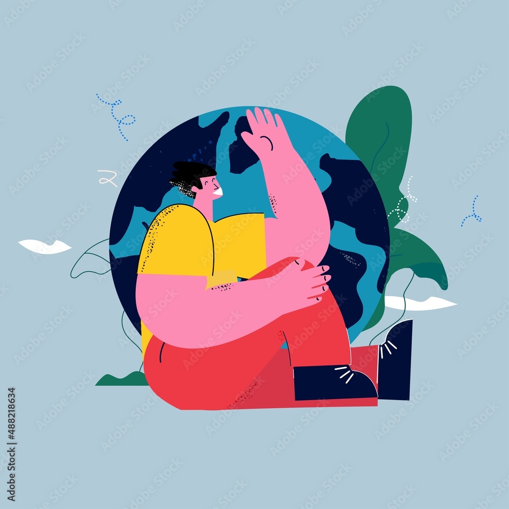 Environmental and ecological concept, save the planet. Man with planet earth flat vector illustration. Caring for our planet, protect water, soil and air from pollution. Sustainability concept