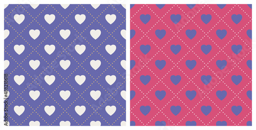 Seamless background pattern heart shape and dotted rhombus. Color trendy 2022 very peri. Design texture elements for fabric, tile, banner, card, cover, poster, backdrop, wall. Vector illustration.