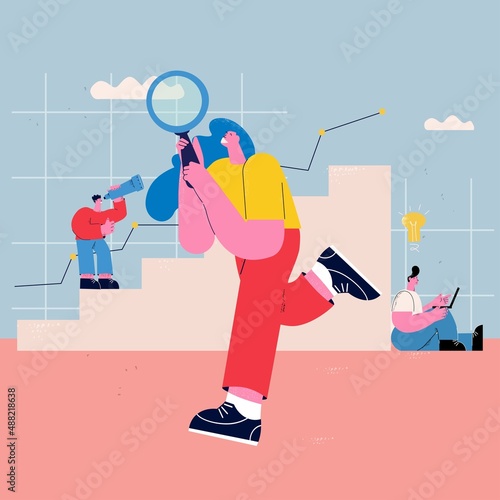 Analyzing charts and diagrams. Business data audit, business monitoring and evaluation, business growth concept flat vector illustration