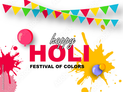 Colorful Holi Vector Illustration with water balloons and splashing colors on white background
