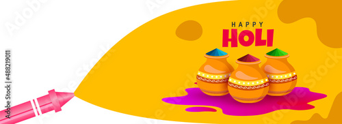 Colorful Holi banner design with clay pot full of dry colors on yellow background