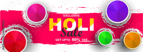 Colorful Holi Sale banner with different dry colros on pink background