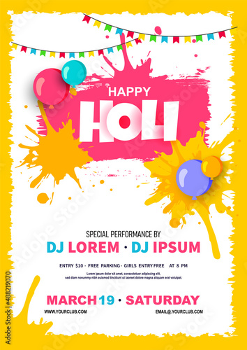 Colorful Holi Party Flyer with water color balloons and color splashes on white background