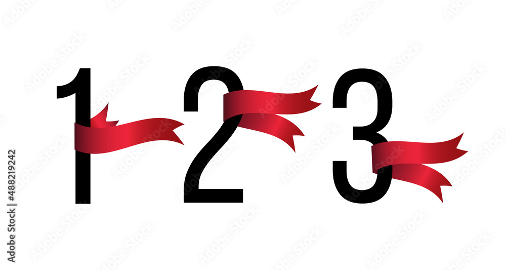 Set of number 1, 2, 3 symbols with red ribbons on white background