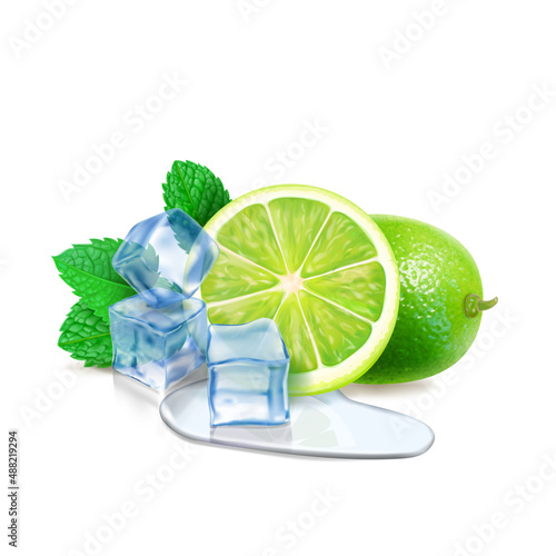 Lime with mint or tea leaves and ice cube ssliced lime, leaves, puddle water 3d realistic