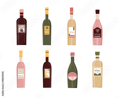 Set of wine bottles isolated on white background. Red, white, rose wine. Alcoholic drink. Bottles for alcoholic beverages. Grape drink. Vector illustration.