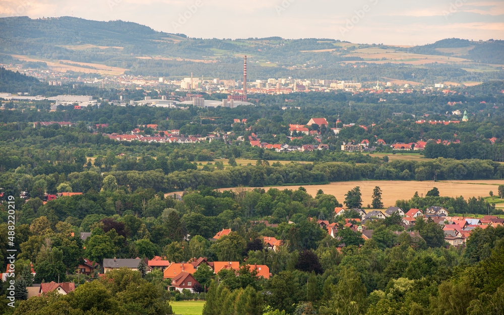 Panorama of the town of Sobieszów (Jelenia Góra district) on a beautiful summer day