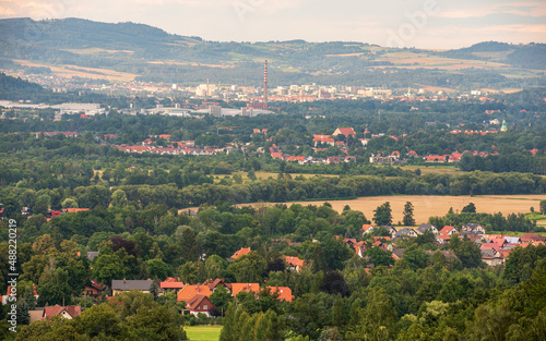 Panorama of the town of Sobieszów (Jelenia Góra district) on a beautiful summer day © Radek