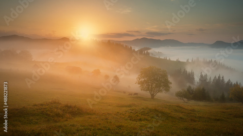 Sunrise in the village of Dzembronya. Carpathians .Ukraine