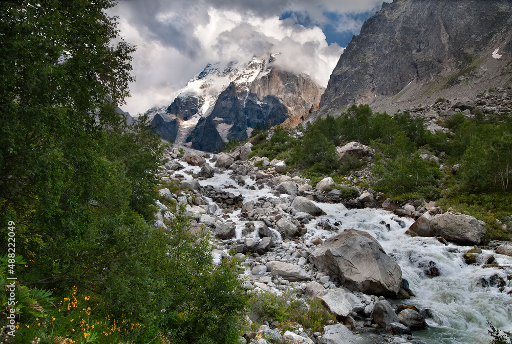 Ushba glacier, source of the Shdugra waterfall. Upper Svaneti, Georgia.