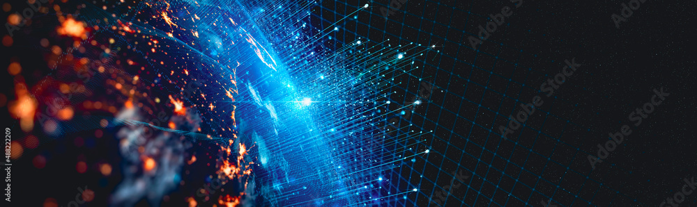 Communication technology for internet business. Global world network and telecommunication on earth cryptocurrency and blockchain and IoT. Elements of this image furnished by NASA